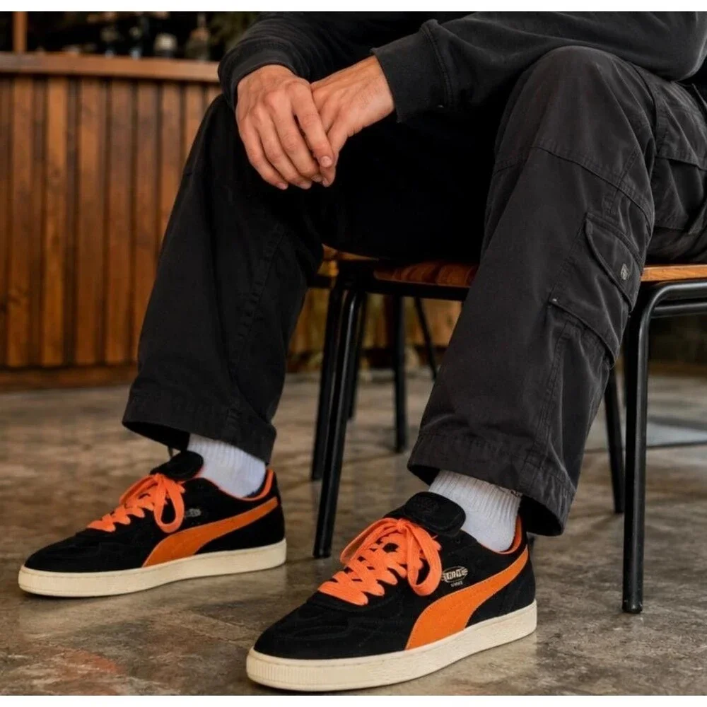 Puma King Suede Sneakers Men 14 Black Orange Fat Laces Casual Skater Shoes NEW
